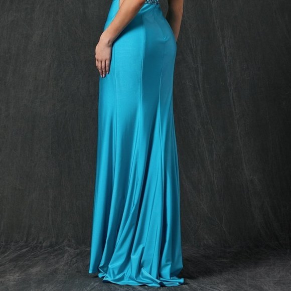 V-Neck Open Back Turquoise Blue Evening Formal Maxi Prom Party Dress JT239 - Picture 3 of 4